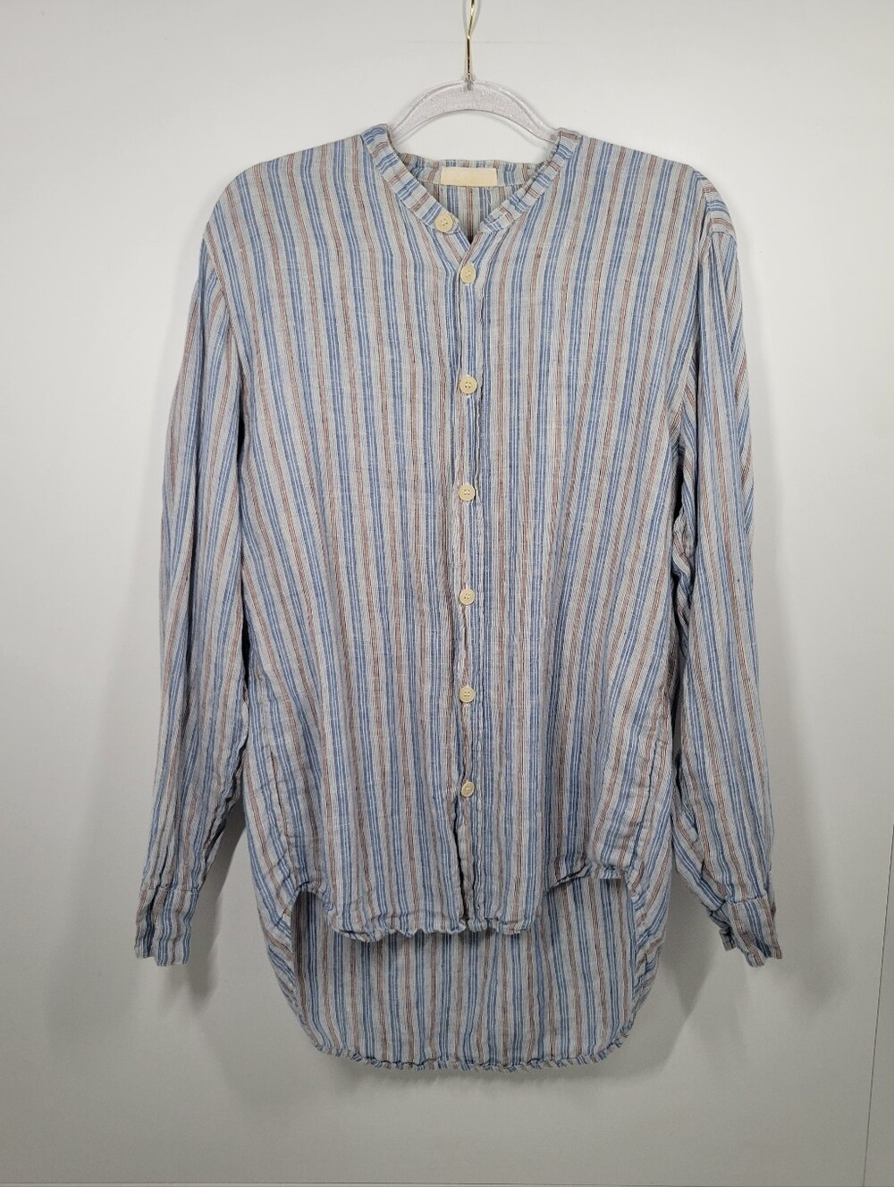 CP Shades Blue Maroon Striped 100% Linen Long Sleeve Button Up Shirt Women Sz M